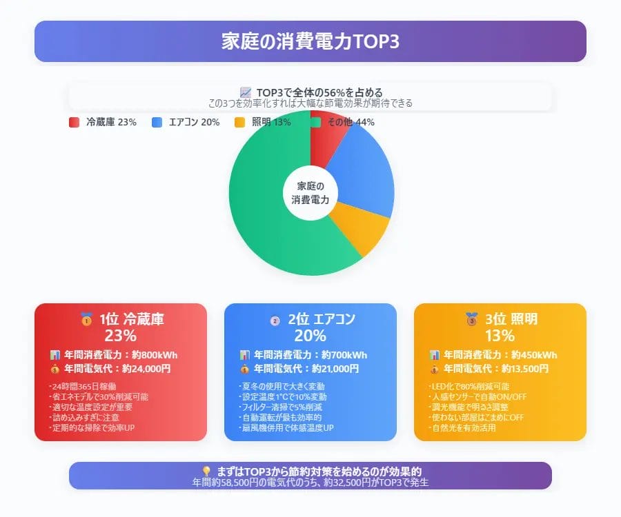 家庭の消費電力TOP3!まずはここから見直そう